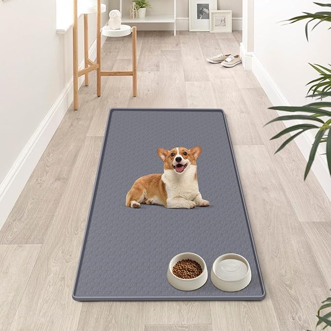 Dog Food Mat, Extra Large 51" x 25.6" Silicone Pet Feeding Mat with Raised Edge Pet Placemat for Small, Medium, and Large Pets Non-Slip, Easy to Clean (Dark Grey)