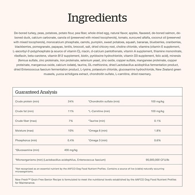 Now Fresh Grain-Free Senior Dry Dog Food with Turkey, Salmon & Duck, Premium Kibble Made with Real Meat & Fish, Chicken-Free Recipe, Glucosamine & Chondroitin for Healthy Joints, 22 lb Bag