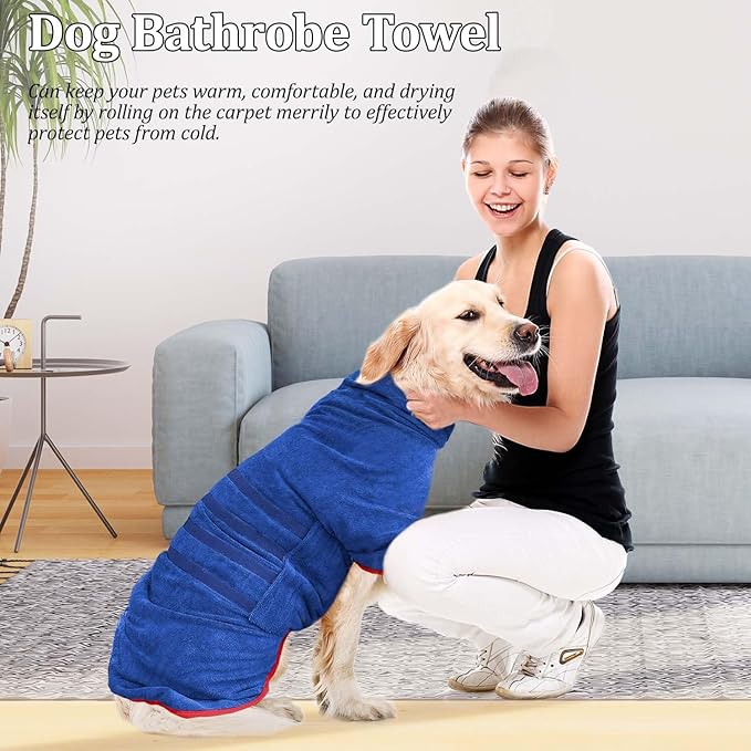 Dog Drying Coat - Fast Drying Dog Bathrobe Towel,Super Absorbent Pet Bath Robe,Microfibre Quick Dry Warm Keeping Robes with Adjustable Collar and Waist (Blue, Medium)