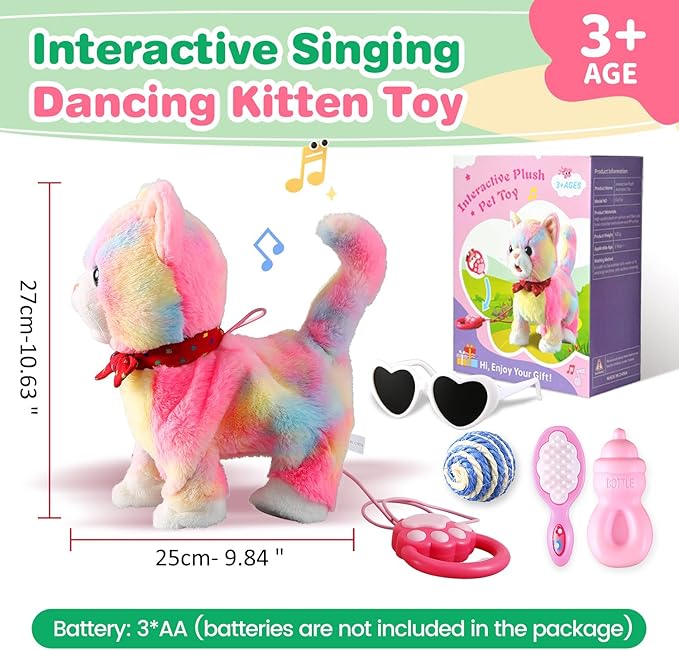 Colorful Leash Walking Cat Set Toy Interactive Talking Cat Singing Dancing Kitten Mimicking Repeat What You Say Kitty Touch and Voice Control Nodding Wagging Tail Plush Electric Robot for Kid Girl