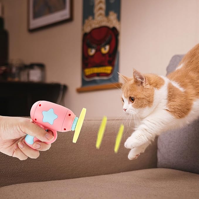 Andiker Cat Fetch Toy, Interactive Kitten Flying Disc Launcher Toy with 5 Colorful Flying Propellers for Cat Enrichment, Flying Saucer Toy for Cats for Training and Chasing (12 pcs)