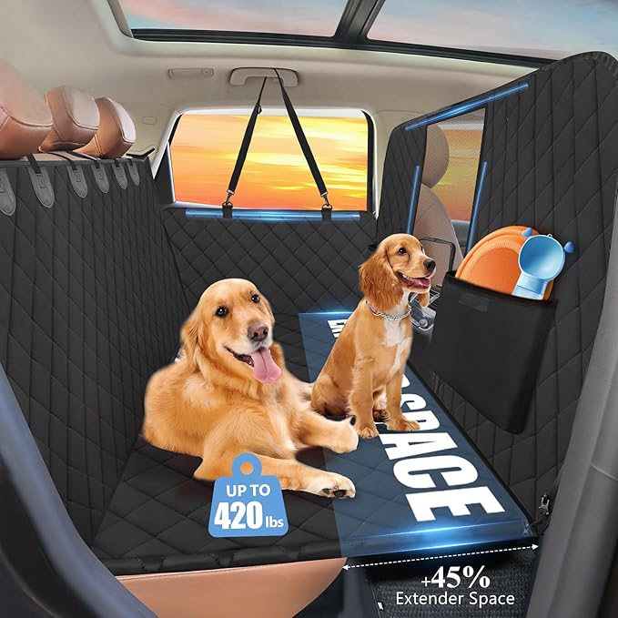 High Barrier Back Seat Extender for Dogs, Hard Bottom Dog Car Seat Cover for Back Seat Holds 420lbs, Backseat Protector Pet Bed, Waterproof Dog Hammock for Car SUV and Trucks