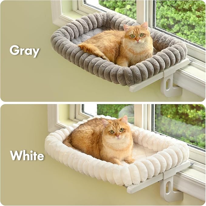 Cat Window Sill Perch, 4-Sided Cushion Bolster Cat Window Seat with Sturdy Frame, Easy Adjust Window Sill Mount Pet Bed for Indoor Cats (Gray, Large)