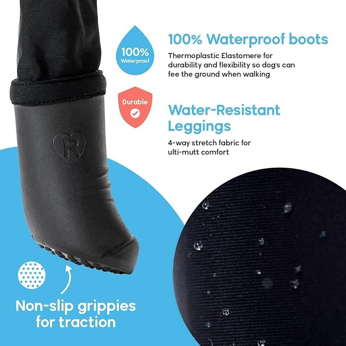 100% Waterproof Dog Boots Connected to Leggings so They Stay on. Easy-On Paw Protectors with an Adjustable fit. Snow & Rain, Anti-Slip Traction, Adjustable Fit, Machine-Washable (Black, Small)