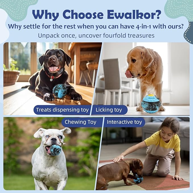 4-IN-1 Dog Toys - Frozen Dog Treat to Keep Them Busy, Treats Puzzle Ball Toy, Interactive Treat Dispensing Dog Toy, Durable Rubber Chew Toys, DIY Freezable Fillable Treat Toy, Mental Enrichment Toys