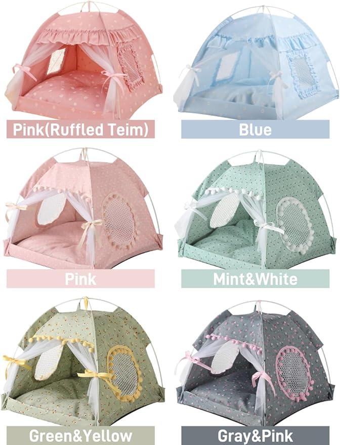 Cat Bed Tents Dog House Indoor Outdoor Lace Mesh Breathable Windows Door Curtains Removable Portable Nest Teepe House (Small,Blue)