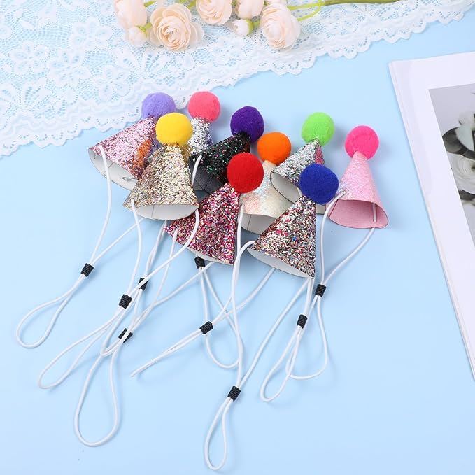 10pcs Mini Small Dog Hats with Sequins Multi-Color Cat Birthday Hat Puppy Birthday Party Hats Glitter Adjustable Mini Dog Birthdays Party Hat for Kittens Dogs Pet Grooming Costume Accessories