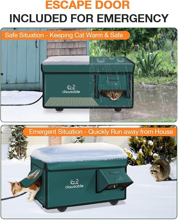 Indestructible Heated Cat House for Outside Cats Winter, 100% Weatherproof, Safe Escape Door, Insulated Outdoor Cat Shelter with Heater for Feral Barn Cat Kitty (Forest Green, 26"x17"x14")