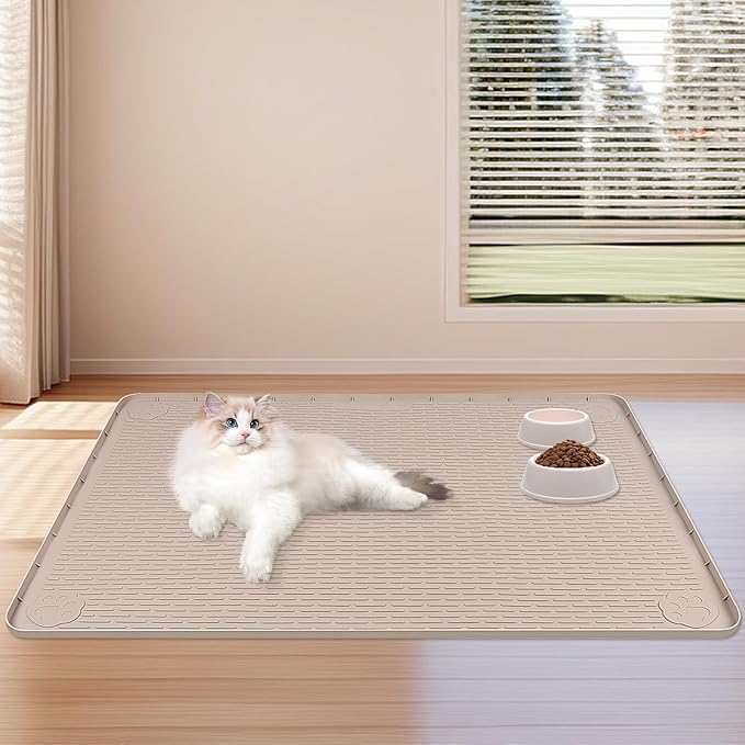 Dog Food Mat, Extra Large 40" x 28" Silicone Pet Feeding Mat for Small, Medium, and Large Pets Non-Slip, Easy to Clean, Khaki