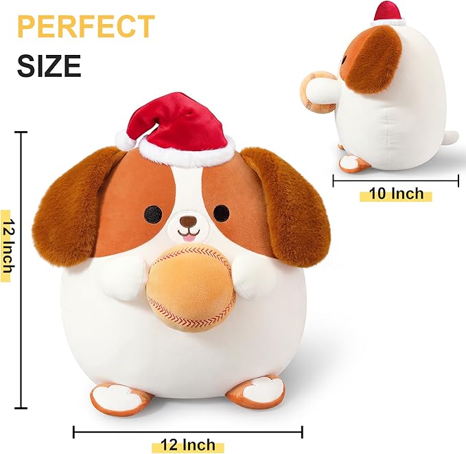 Onsoyours Original Christmas Beagle Dog Stuffed Animal with Baseball Santa Hat- 12 inch Soft Sport Puppy Plush Toy, Cute Plushies Xmas Gift for Kids & Adults Brown
