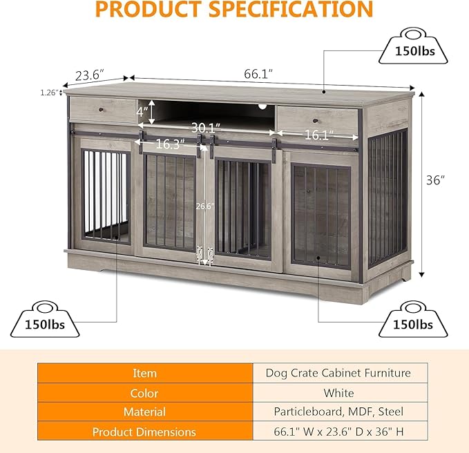 3-in-1 Double Dog Crate Furniture, 66.1 Inch Grey Furniture Style Dog Crates for 2 Dogs with Divider, Dog Kennel TV Stand with 2 Drawers and Sliding Doors