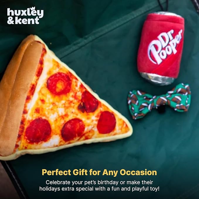 Huxley & Kent Funny Dog Toy w/Squeaker – Power Plush Squeaky Dog Toys for Small, Medium & Large Dogs – Soft Stuffed Animal for Indoor Play & Fetch - Pup-eroni Pizza, Large