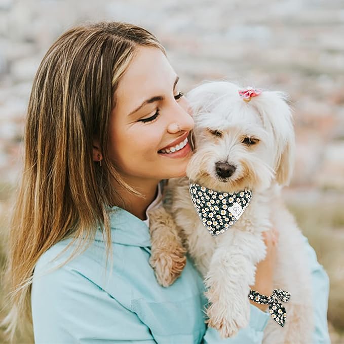 E-Clover Dog Bandanas & Matching Scrunchie Set Girl Dog Scarf Bibs with Bow Scrunchie for Medium Large Dogs Pet Owner Gifts Flower Black
