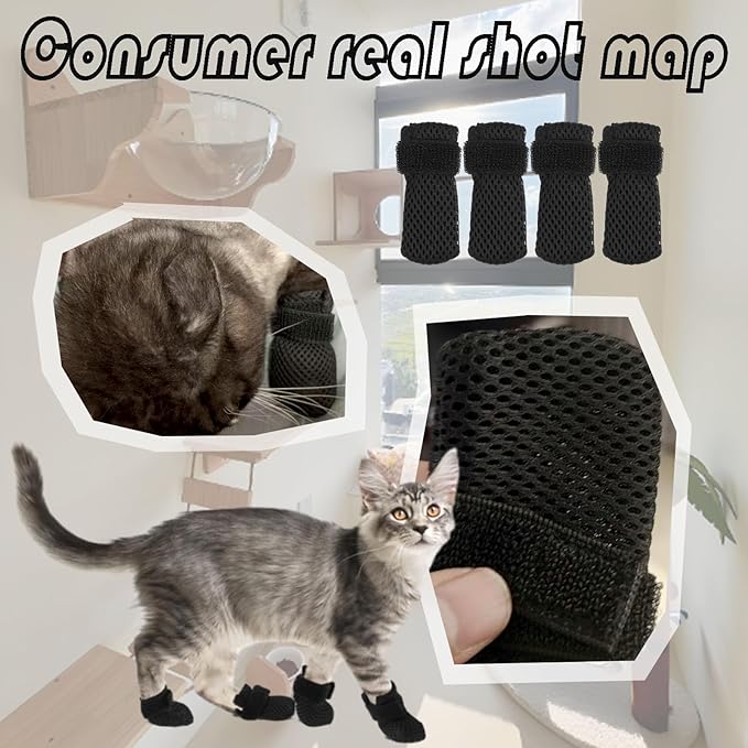 4 Packs Anti Scratch Cat Boots, Adjustable Cat Claw Protectors Covers, Black Breathable Mesh Cats Mittens Foot Covers for Indoor Cats Pet Bathing Cutting Nails(M)