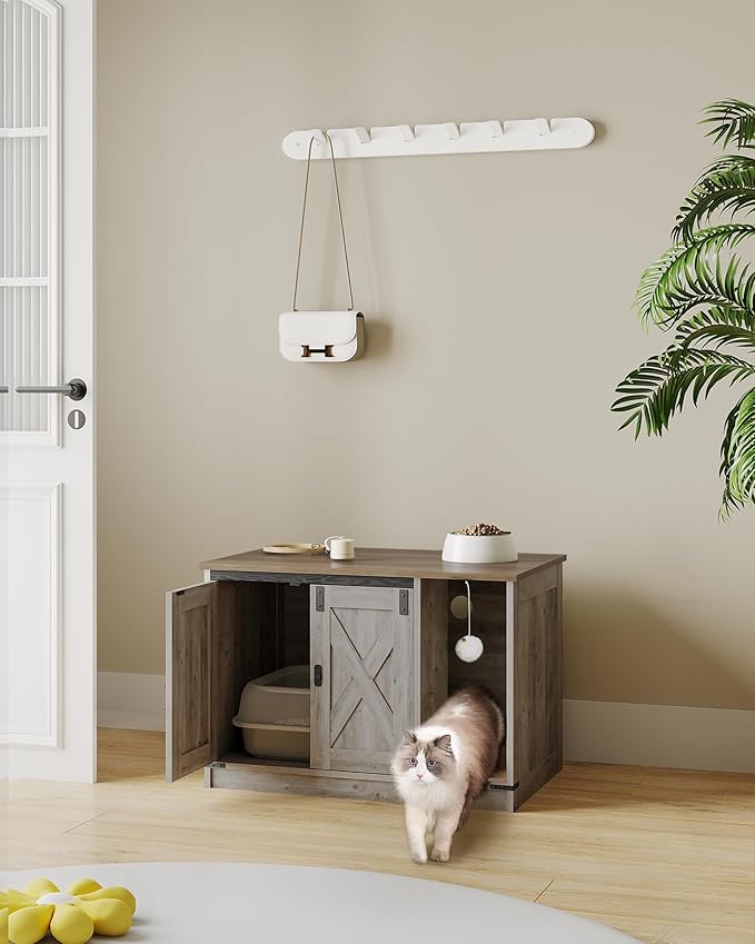 Cat Litter Box Enclosure, Hidden Litter Box Cabinet Furniture with Bell, Indoor Cat House, Farmhouse Style, 31.5 x 19.7 x 20.9Inches, for Hallway, Bedroom, Light Ivory and Brown CB82405X