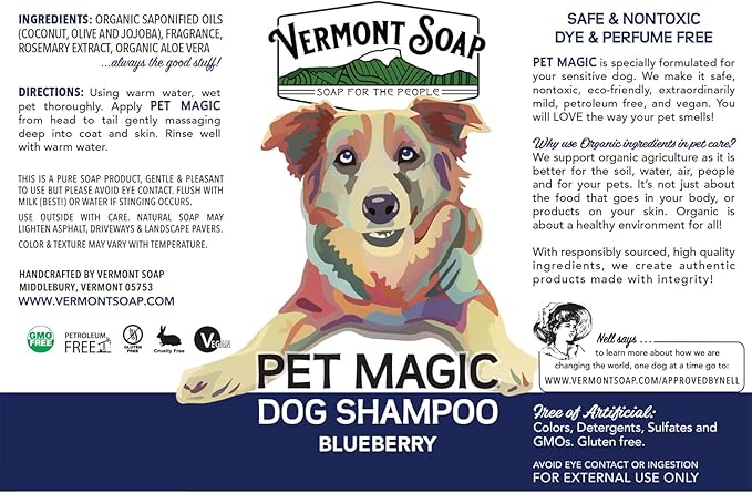 VERMONT SOAP Organics Pet Shampoo - Infused with Organic & Natural Olive Oil, Coconut & Aloe Vera Dog Shampoo for Sensitive Skin - USDA Certified Grooming - Blueberry (640oz)