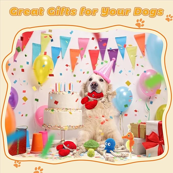 4-Pack Squeaky Dog Toys Set Sea Crinkle Plush Toy Rope Toys for Dogs Tug of War Toy & Oral Care Puppy Toys for Small Medium Large Dogs to Keep Them Busy: Stuffed Octopus, Crab,Seahorse,Turtle Pet Toys