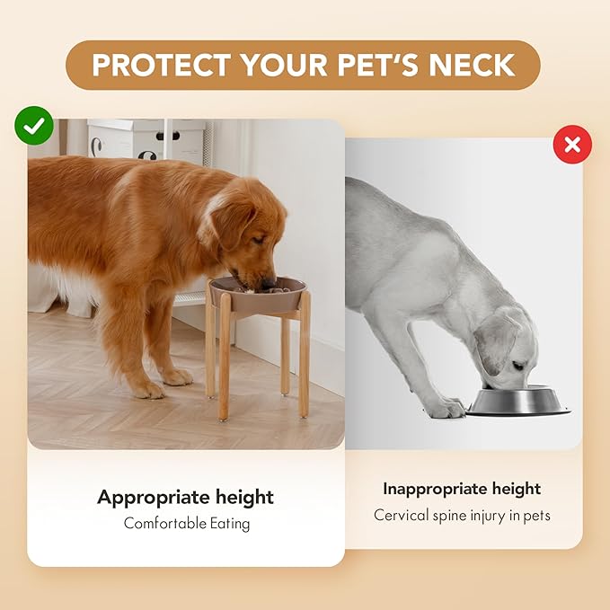 Ceramic 3.2 Cup Dog Raised Slow Feeder Set, Elevated Bowl with Wooden Stand for Large Dog, 9.5inch Slow Feeder Dish for Fast Easters, Anti-Gulping(Brown Coffee, Single Bowl+ Stand)