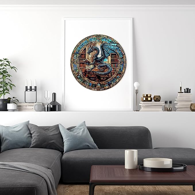 Wooden Puzzles for Adults, Wooden Jigsaw Puzzles for Adults Kids, The Dragon's Library Unique Shaped Wood Puzzles Adult, Creative Birthday Gifts for Friends Family Game (13.4 * 13.4in 300pcs)