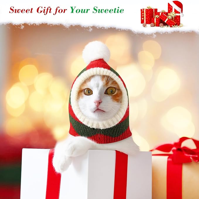 Pawaboo Christmas Pet Hat, Funny Knitted Pets Cap with Pompon, Cute Crocheted Snood Winter Warm Pet Hat, Neck Ear Warmer Hood Warm Scarf Xmas Decoration Santa Hats for Small Dogs, XS, Red+Green