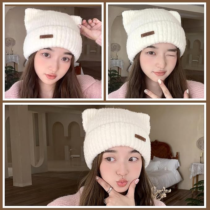 Cat Ear Beanie Cute White Cat Crochet Beanie Winter Warm Hat Knitted Cap for Women Girls