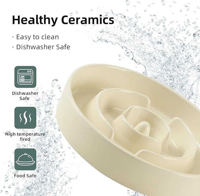 Ceramic Raised Slow Feeder Dog Bowl Set, Elevated 8.2inch Bowl and 9.5inch Puzzle Slow Food Dish with Wooden Stand for Large Dog, Anti-Gulping (2X Beige+ Stand)