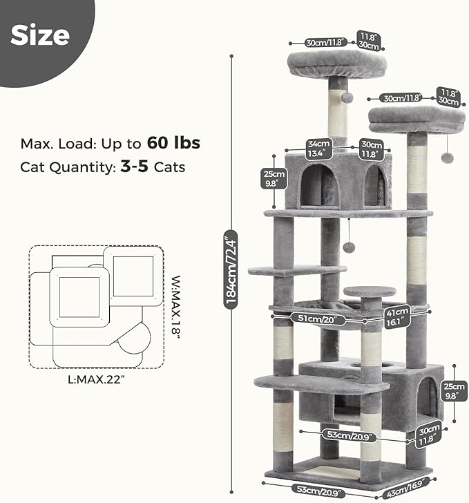 PAWZ Road Large 72 Inch Cat Tree and Tower for Indoor Cats - With Sisal-Covered Scratching Posts, Padded Perches, Condos, and Basket - Gray