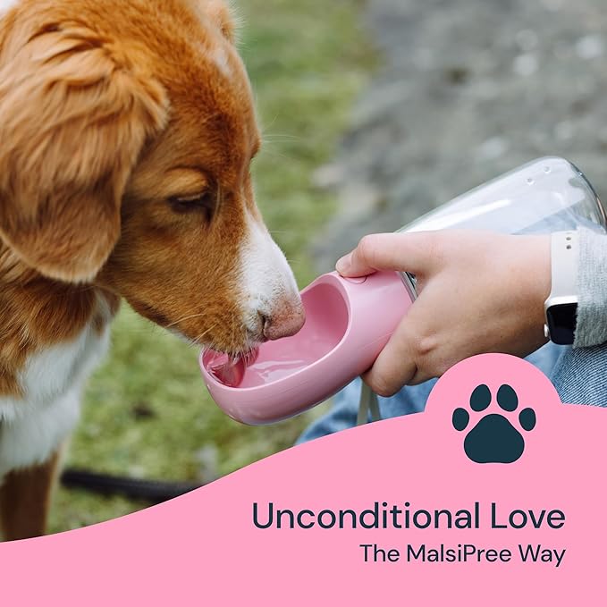 MalsiPree Leak-Proof Portable Dog Water Bottle for Travel - 19 oz, with Pink Bowl - Food Grade Plastic - Dog Bowls - Puppy Essentials - Pet Water Bottle