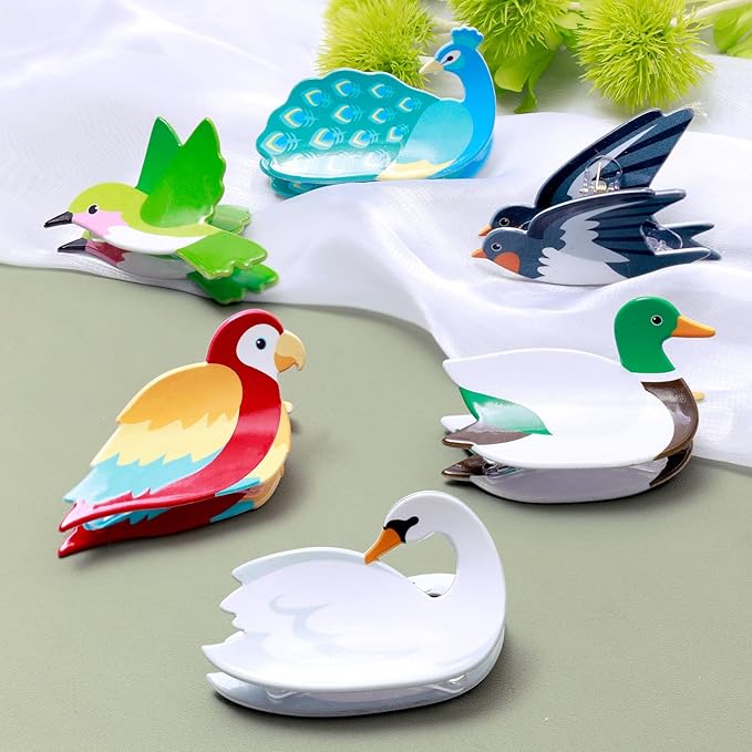 Birds Hair Claw Clips - Peacock, Swan, and Swallow Brooches for Short and Long Hair, Gift Idea for Bird Lovers and Women, 6 Pcs