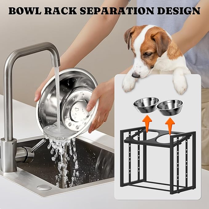 Elevated Metal Dog Bowls for Medium Breed: 4 Height-Adjustable Raised Dog Bowl Feeder Station with 2 Stainless Steel Bowls, Black