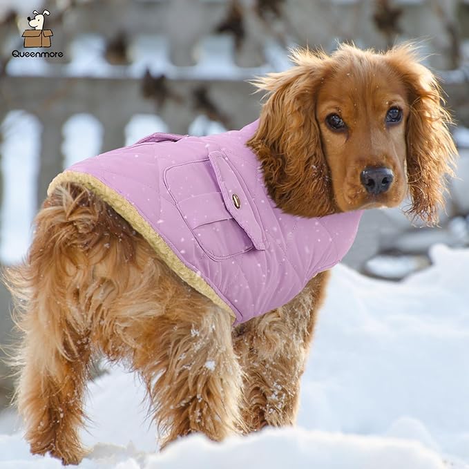 Queenmore Warm Dog Coat, Cold Weather Puffer Dog Coat Vest, Quilting Winter Pet Jacket Ultra Thick Plush Fleece Lining Pet Clothes for Dogs with Storage Pockets (Lilac,Large)