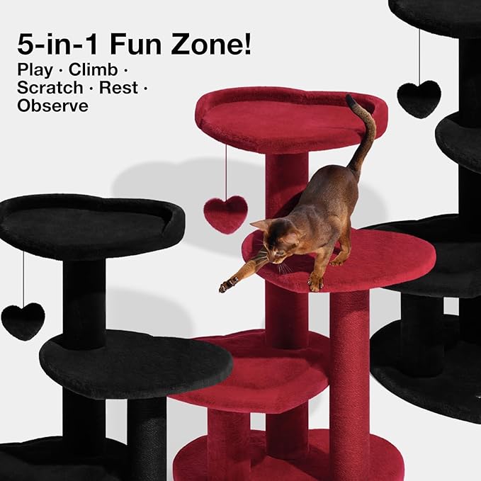 VETRESKA Cat Tree for Indoor Cats, Multi Level Cat Tower with Cat Scratching Post, Cute Cat Climbing Tree with Dangling Toy for Cats(Red)