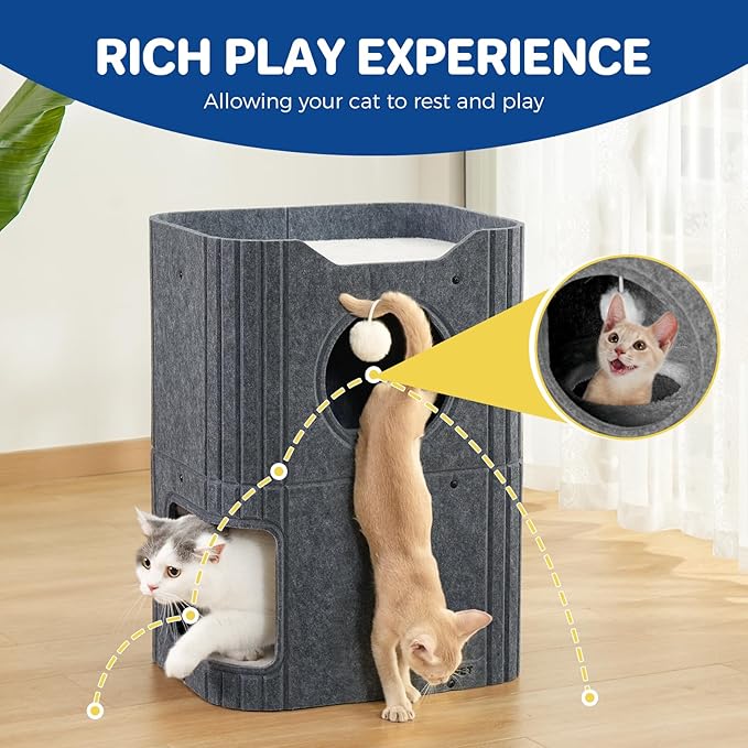Cat House for Indoor Cats Cat Bed Cave 2-Storey Cats Condo with Cozy Felt Covered Hideaway for Multiple Pets Dark Grey
