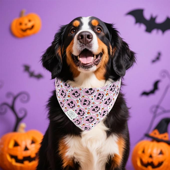 E-Clover Halloween Dog Bandanas & Matching Scrunchie Set Girl Cute Pink Pumpkin Dog Scarf Bibs Pet Bandana with Bow Tie for Medium Large Dogs Owner Mom
