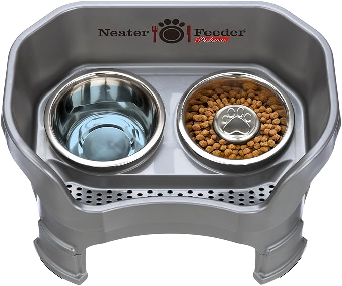Neater Feeder Deluxe Mess Proof Dog Bowls Elevated for Medium Sized Breeds – Made in USA – No Spill Raised Slow Feeder Elevated Dog Bowl Stand w/Leg Extensions, Food and Water Bowl Set, Grey