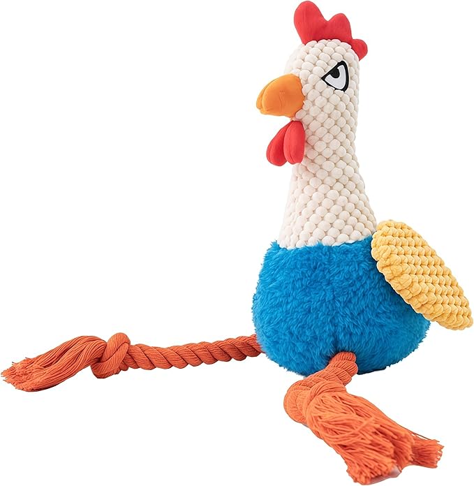 Plush Chicken Dog Toy with Squeaker, Interactive Rope Legs, Colorful Textured Rooster Chew Toy for Small, Medium Dogs, Tug-of-War, Fetch