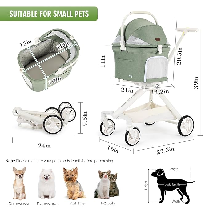TT Lightweight Pet Stroller for Small Dogs & Cats - 4-Way Installation Carrier, One-Hand Fold, 180° Canopy Cover & Adjustable Handle (Green)