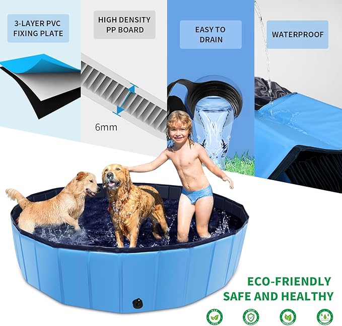 Foldable Dog Pool, 79" x 14" Large Kiddie Pool with Hard Plastic, Non-Slip Dog Bath Tub for Outdoor Backyard, Collapsible Dog Swimming Pool for Kids Dogs Pets (Blue)