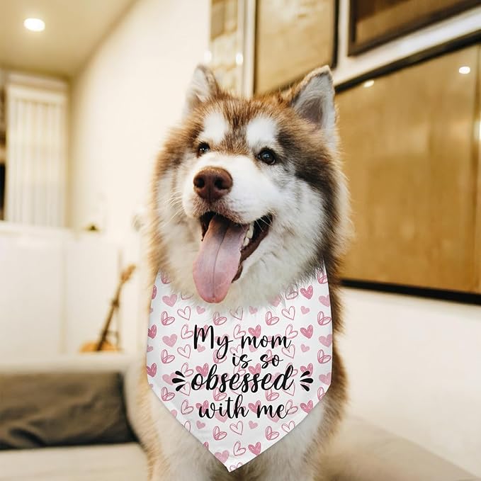 My Mom is So Obsessed with Me Mothers Day Dog Bandana Family Funny Cute Pet Dog Cat Bandana Scarf, Puppy Dog Scarf Bibs Accessories for Pet Birthday Gift - Red Plaid