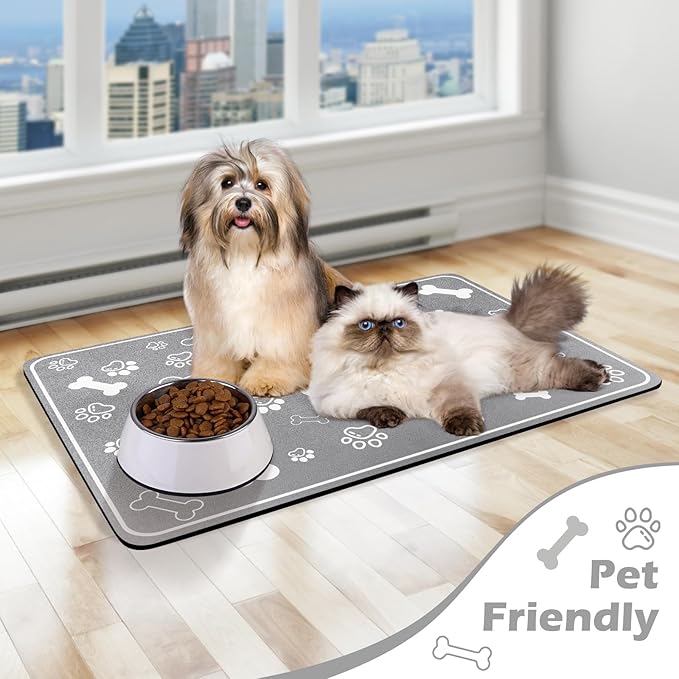 Pet Feeding Mat,Rapid Absorbent Mats for Dog Cat Food, Dog Placemat Water Bowl Mat with Rubber Backing,Messy Drinkers to Protect Floors, Pet Accessories 12"x18" Grey