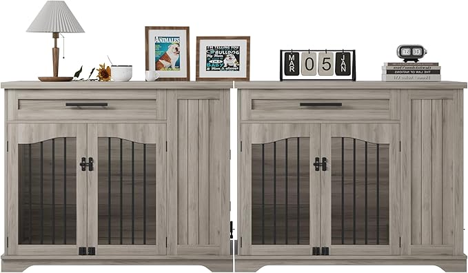 Furniture Style Dog Crate for Large Dogs, 44 Inch Heavy Duty Wooden Dog Kennel Furniture with Drawer & Side Storage and Bulit-in Feeding Station,Grey