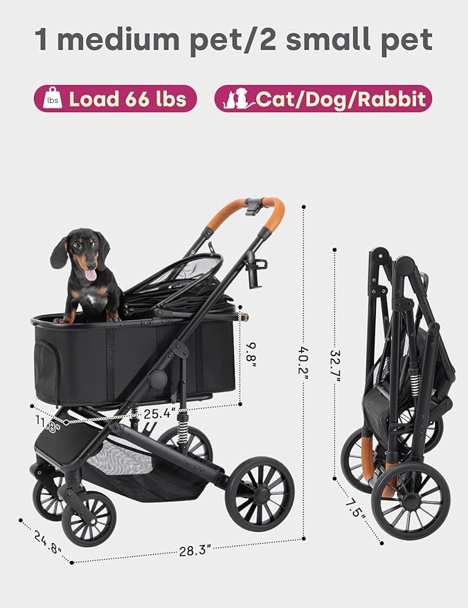 Dog Stroller for Small Medium Dogs Up to 60lbs, 4 Wheels Folding Pet Stroller with Detachable Carrier, Pet Travel Carrier for 2 Dogs & Cats, Storage Basket, Breathable Mesh, Cup Holder, Black