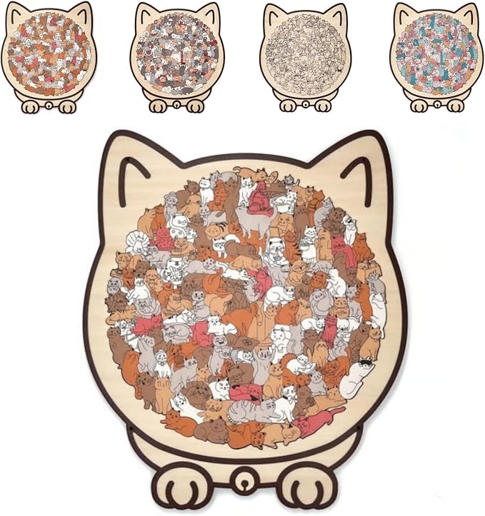135-Piece Wooden Jigsaw Puzzle, Cat Shaped Puzzle for Home Decor, Cute Animal & Macaron Color Art, Framed Morandi Style Wall Decoration Gift (Wooden Natural Color)