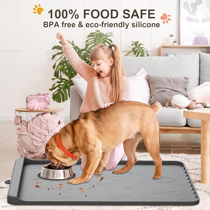 Dog Food Mat - Silicone Dog Mat for Food and Water - 28" x 20" Pet Feeding Mats with Residue Collection Pocket - Waterproof Dog Cat Bowl Mat with High Edges to Prevent Water Food Spills (Gray)