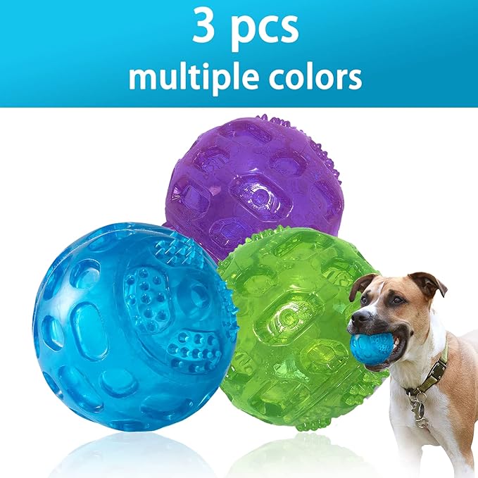 3'' Squeaky Dog Toy Balls for Lagre Medium Puppy, Indestructible Dog Balls for Playing, Fetching & Retrieving, Durable Aggressive Chewers, 3 PCS Purple+Blue+Green