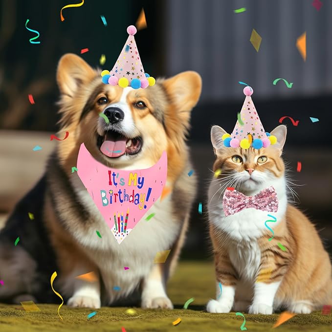 FunMular Dog Birthday Party Supplies Pink Dog Birthday Hat with Numbers Bandana Bow Tie Banner and Tutu Skirt for Small Medium Dogs Pets