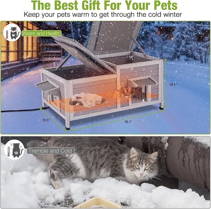 GUTINNEEN Outdoor Heated Cat House Insulated Weatherproof Cat Shelter with Automatic Temperature Control, Overheat Protection, Insulated Liner, Emergency Escape Doors, Perfect for Multiple Feral Cats