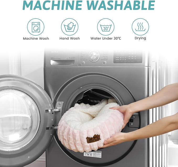 Dog Bed with Hooded Blanket, Round Fluffy Anti-Anxiety Pet Bed for Medium Dogs & Large Dogs, Cozy Donut Cuddler with Machine Washable Faux Fur & Anti-Slip Bottom(35"×35"×7",Pink)