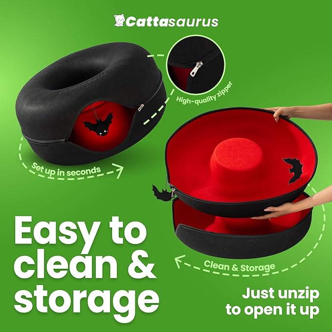 Cattasaurus Unique Peekaboo Cat Cave for Multiple & Large Cats Up to 30-45 Lbs, Scratch Detachable & Washable Tunnel Bed, Gothic Bat Donut Cat Cave (Duo Large Set)
