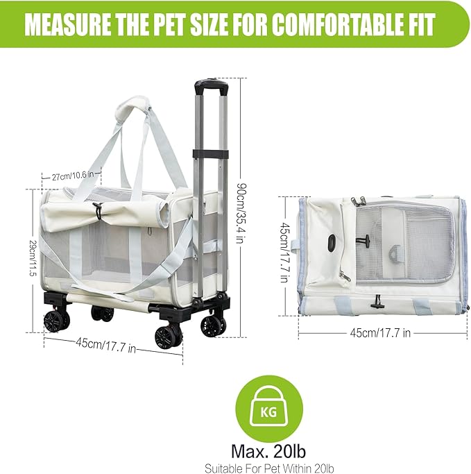 Pet Carrier with Wheels - Soft-Side Wheeled Cat Carrier for Dogs with Telescopic Handle, Collapsible Rolling Pet Travel Bag Carrier for Large Cats Small Medium Dogs for Camping Vet Visiting Beige